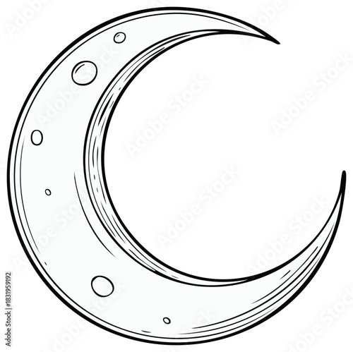 Stylized crescent moon with crater details, a whimsical black and white outline drawing.