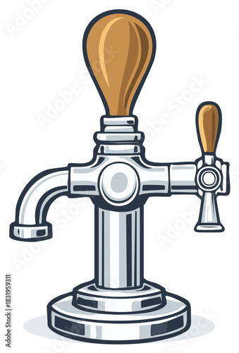 Modern chrome beer tap with a warm wood handle on a sturdy base