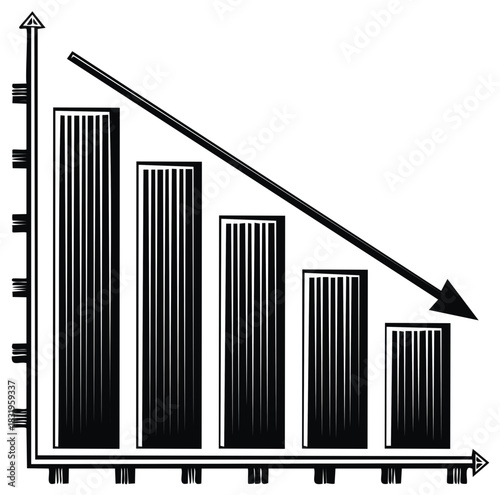 Decreasing Bar Graph Showing Downturn with Downward Arrow Black and White
