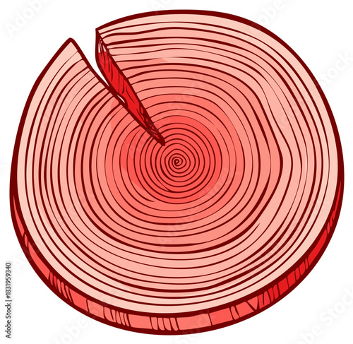 Red tree trunk cross section with annual rings and a crack illustration