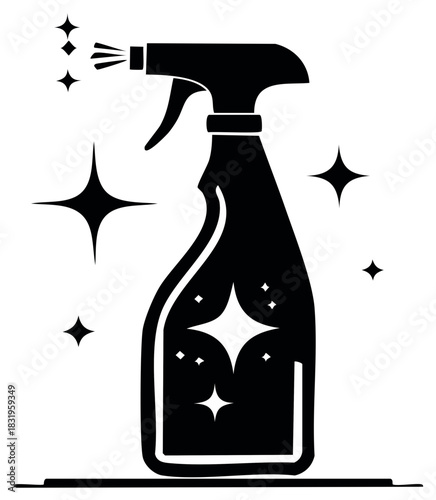 Black silhouette of a spray bottle with sparkling stars indicating cleanliness