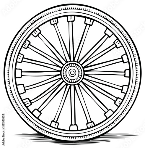 Detailed illustration of a spoked wheel with a serrated tire and central hub