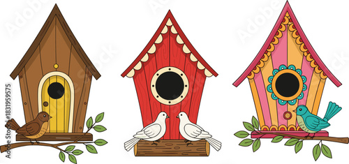 Whimsical colorful birdhouses with perched birds on branches, decorative spring garden illustration for children’s books, crafts, and seasonal design themes