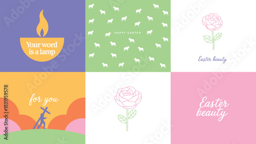 Collection of easter themed illustrations featuring sheep a lamp a cross bearer and roses with inspirational messages