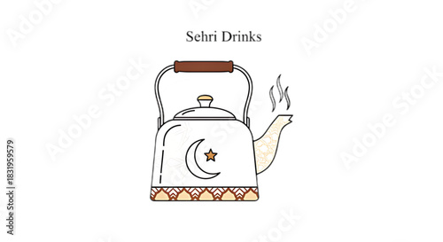 Steaming kettle with crescent moon and star, symbolizing pre-dawn meal