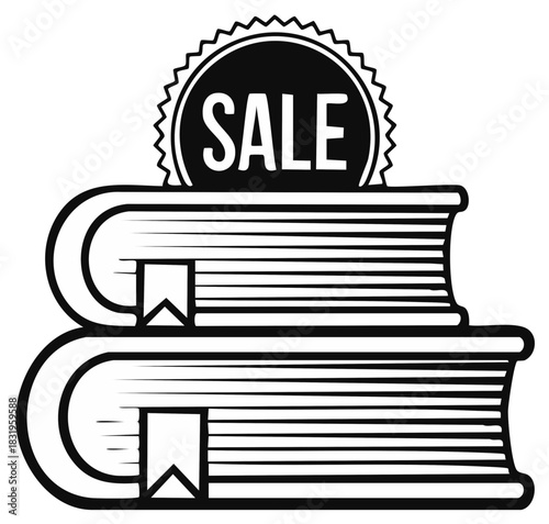 Two Stacked Books with Bookmarks Topped by Sale Badge, Black and White