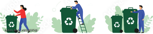 Cartoon Recycling Process Steps with People Sorting Waste into Eco Bins Environmental Flat Vector Illustration Set