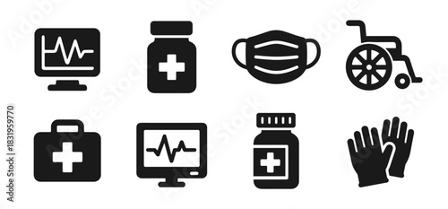 Medical icon collection in black. Includes heart monitor, medicine bottle, face mask, wheelchair, first aid kit, second monitor, second bottle and gloves