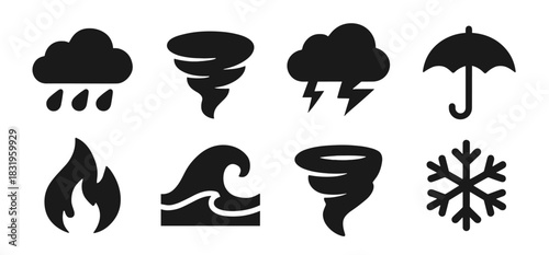 Weather and climate icon collection in black. Includes rain cloud, tornado, thunderstorm, umbrella, fire, wave, cyclone and snowflake