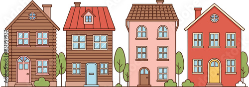 Cartoon Residential Houses Row with Colorful Townhomes and Suburban Architecture Flat Vector Illustration Isolated on White