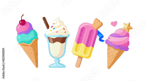 Colorful cartoon ice cream treats with whipped cream and popsicles