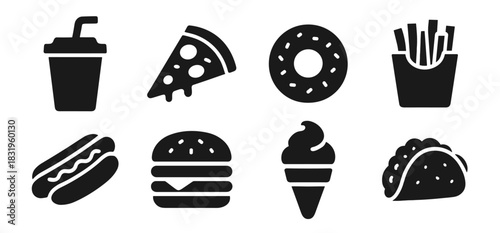 Fast food icon collection in black. Includes drink cup, pizza slice, donut, fries, hotdog, burger, ice cream and taco