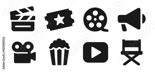 Cinema icon collection in black. Includes clapperboard, ticket, film reel, megaphone, video camera, popcorn, play button and director chair