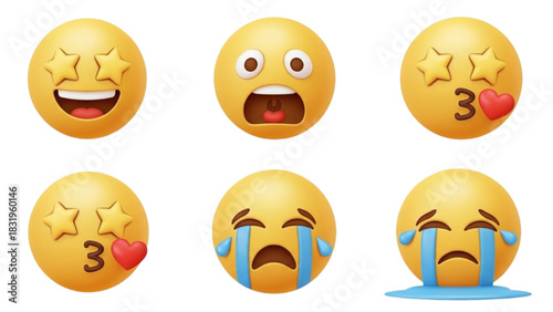 Set of expressive 3D emojis showcasing diverse emotions from joy and surprise to sadness and affection on a white background
