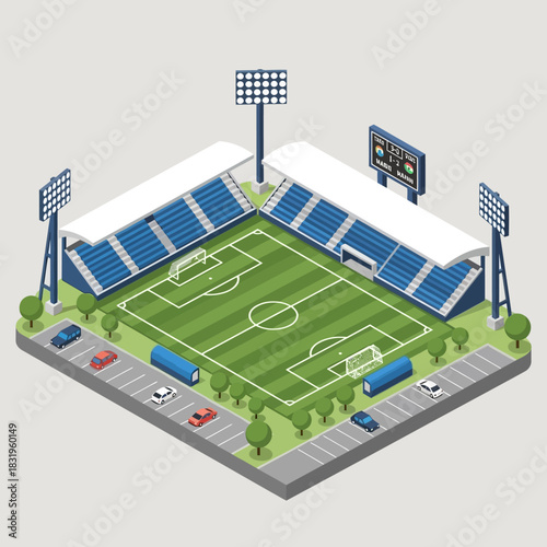 Isometric Football Stadium with Parking and Lights.