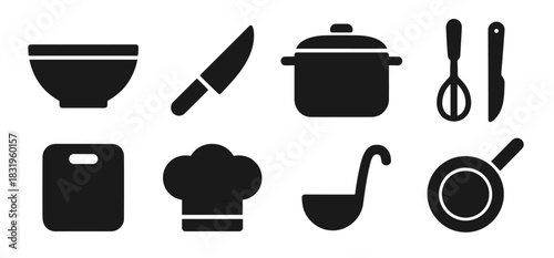 Cooking icon collection in black. Includes bowl, knife, pot, whisk, cutting board, chef hat, ladle and frying pan