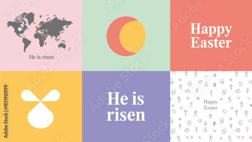 Happy easter greeting collage with world map crescent moon abstract symbol and religious text