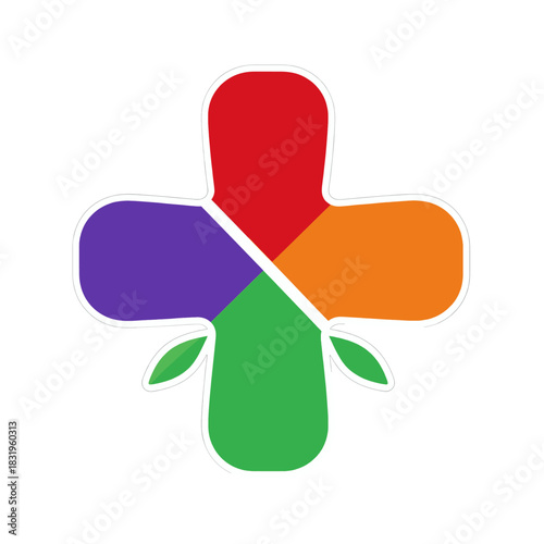 Colorful Cross Symbol with Green Leaves