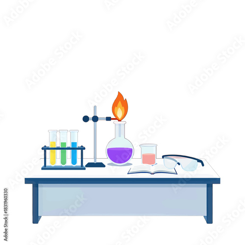 Colorful chemistry lab equipment with burning flame