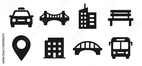 City and transport icon collection in black. Includes taxi, bridge, tall building, bench, location pin, second building, second bridge and bus
