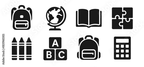Education icon collection in black. Includes backpack, globe, open book, puzzle pieces, crayons, ABC blocks, second backpack and calculator