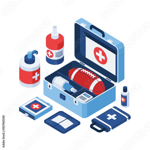 Isometric First Aid Kit with Sports Equipment.