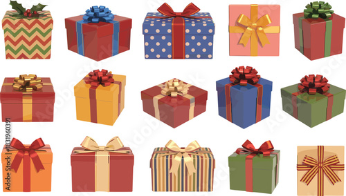Fifteen colorful gift boxes, festive wrapping, holiday presents, birthday celebration, decorative ribbons, cheerful packaging, vibrant design, party theme, surprise elements