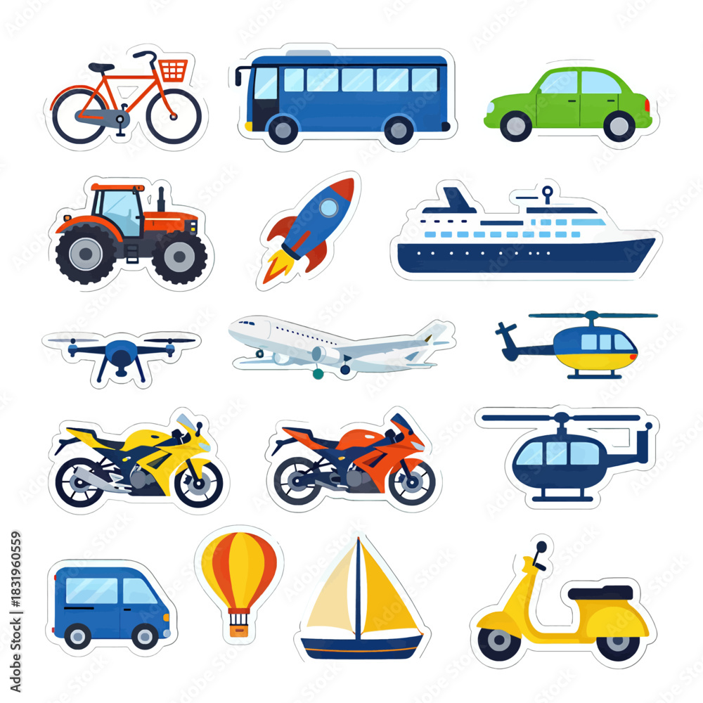Naklejka premium Colorful Flat Design Transportation Stickers with Various Vehicles