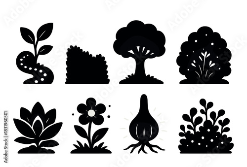 Silhouette of glowing plants and trees with floral and garden elements