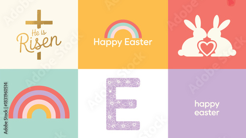 Happy easter greeting card collage with religious and secular symbols in pastel colors