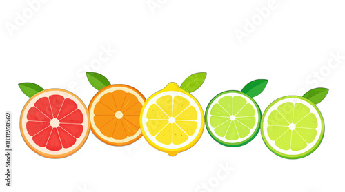 Colorful Citrus Fruit Slices with Green Leaves