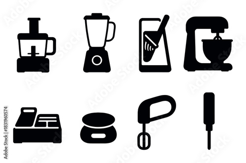 Silhouette set of kitchen appliances including blender and mixer on dark background