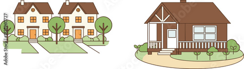 Cartoon Residential Houses Set with Suburban Homes and Cottage Building Exterior Colorful Flat Vector Illustration Isolated