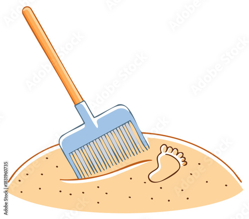 Rake in sand with footprint, cartoon illustration