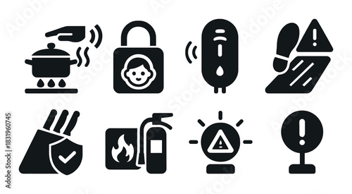 Kitchen safety icons: stove, lock, fire extinguisher, warning signs, glove, caution symbols