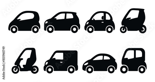 Silhouette collection of compact cars and scooters on dark background