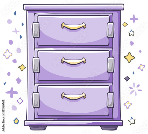Whimsical Purple Nightstand with Gold Hardware and Sparkles Illustration