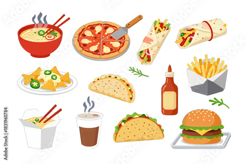 Colorful flat design illustration of international foods and snacks