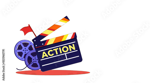 Colorful film clapperboard with reels and spotlight