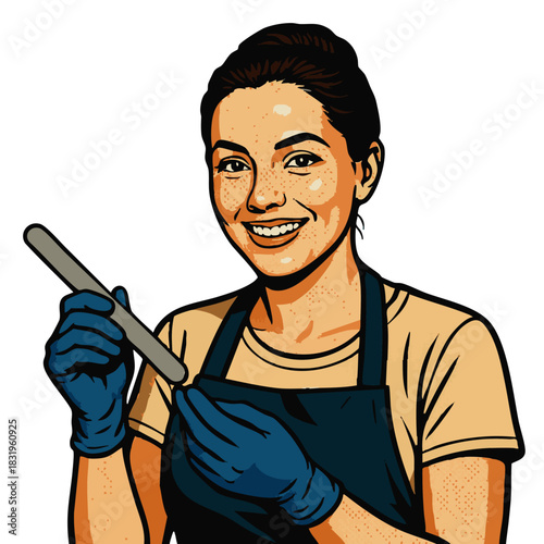 female nail technician wearing gloves and apron while filing nails, ideal for beauty or salon themes. Generative ai vector colorful pop art illustration.