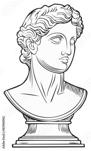 Classical Greek or Roman bust sculpture line art isolated on white background