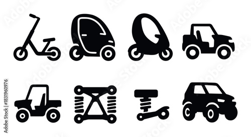 Silhouette icons of various electric vehicles on dark background