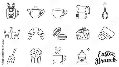 Collection of easter brunch icons including a bunny mug teapot coffee cup pastries and coffee grinder