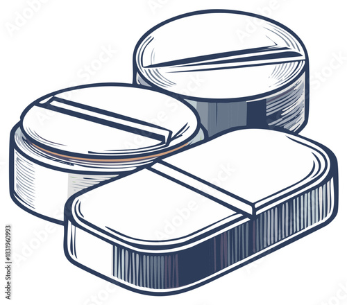 Stylized illustration of three white medicine tablets and pharmaceutical pills with distinct score lines