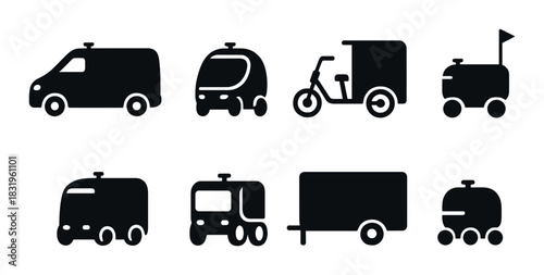 Silhouette of various futuristic autonomous vehicles on dark background