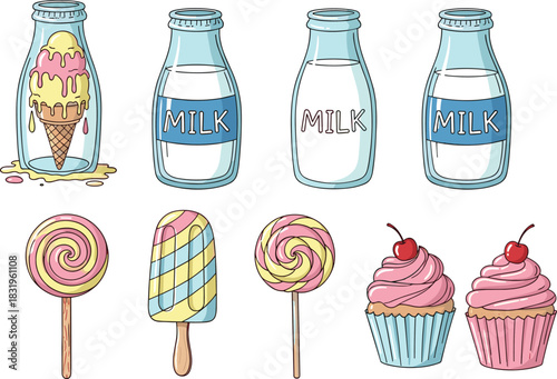 Whimsical milk bottles and sweet treats with lollipops, cupcakes, and popsicles in colorful cartoon style for dessert themes