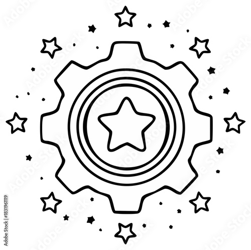 Monochrome digital illustration features a prominent cogwheel enclosing a star within concentric circles, surrounded by stars in black and white