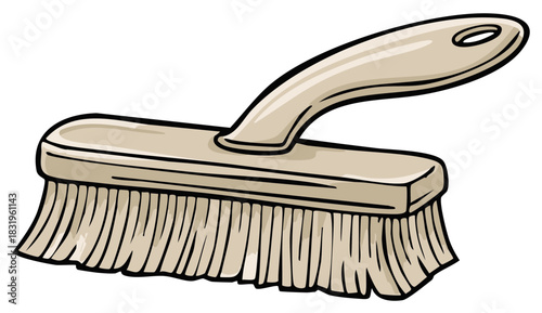 Illustration of a light brown cleaning brush with stiff bristles and a curved handle