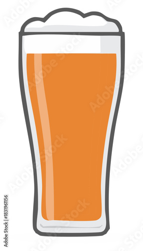 Refreshing tall glass filled with amber colored beverage and foamy head