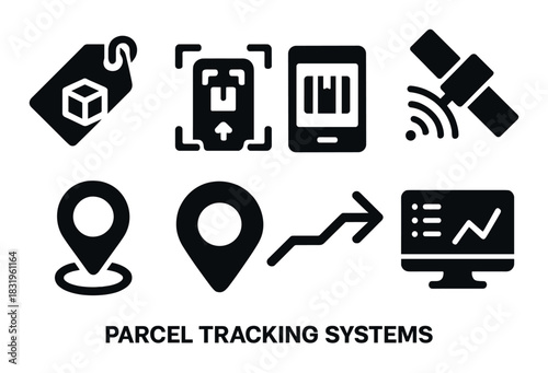Parcel tracking systems: icons representing delivery and tracking technology